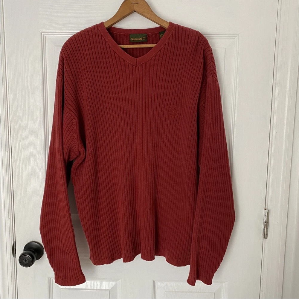 Y2K Vintage Timberland Cotton Ribbed Knit Sweater V-Neck Pullover Long Sleeve